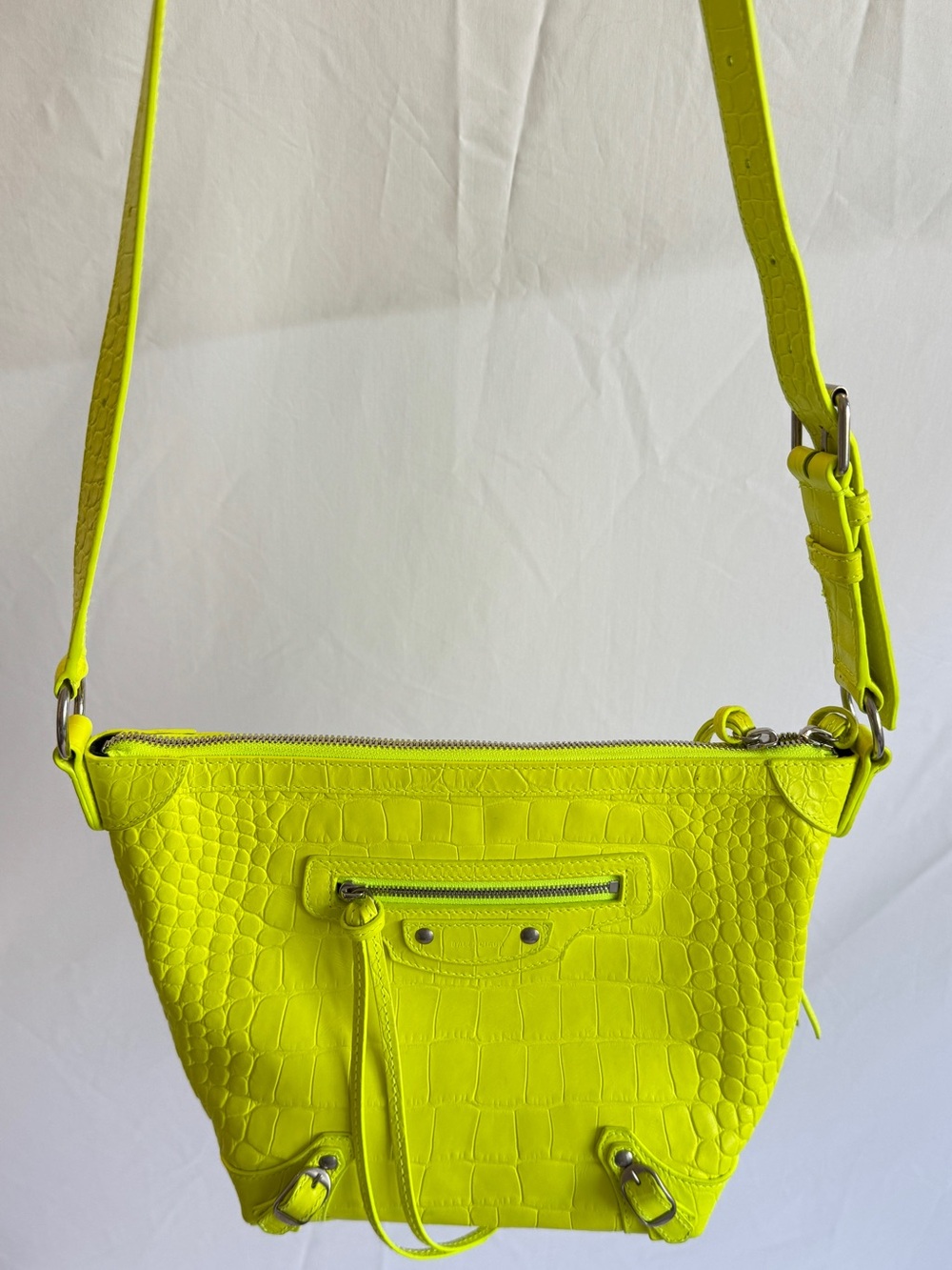 Balenciaga 2022 Hobo Neon Yellow/Lime Croc-Embossed Leather Crossbody Bag